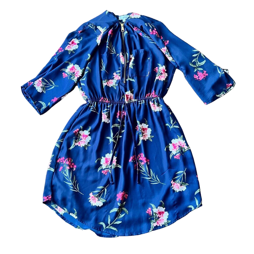 Stella Tweed Navy Blue Long Sleeve Floral Zip Dress - Medium